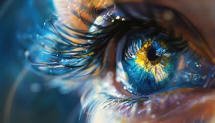 AI illustration of a close-up of an artistic, colorful eye with vibrant details and reflections.