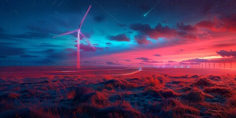 Wall Mural - Twilight Wind Farm with a Meteor Shower and Vibrant Colored Sky