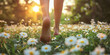 © Jasmina - Woman walking barefoot outdoors in a field full of wild flowers, grounding concept.