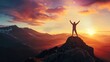 © Dara - A dynamic photo capturing the silhouette of a successful businessman standing on a mountain peak at sunset, his arms raised in elation as he revels in the moment.
