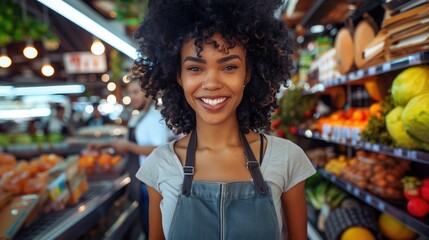 Wall Mural - Photo of a happy model looking beautiful grocery store worker --ar 16:9 Job ID: 09841d44-5f91-4614-9f23-dbf487582d55