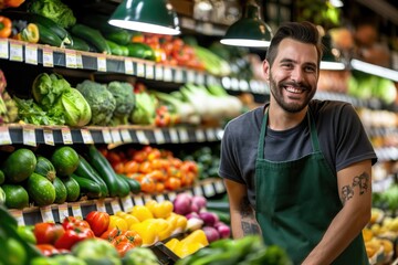 Wall Mural - Photo of a happy grocery store worker wearing dark green apron smiling at camera with colorful vegetables on shelves around him --ar 3:2 Job ID: 2fd64a55-91e0-45a5-a220-14489706feab