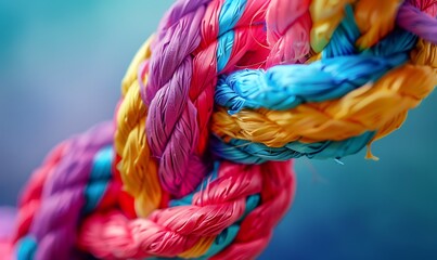Wall Mural - A close-up of a strong, braided rope made of multiple colored strands, symbolizing diverse strength, unity, and teamwork on a vibrant background