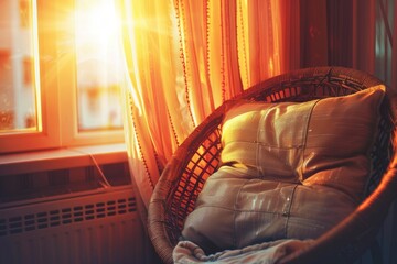 Wall Mural - Cozy evening glow on modern wicker chair with cushions