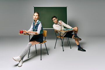 Wall Mural - Two stylish students engaged in study at a desk before a green board.