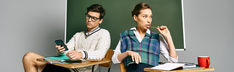 Wall Mural - Two students, a male and a female, sitting at a desk in front of a chalkboard in a college setting.