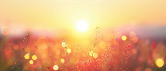 Wall Mural - A vibrant meadow at sunset with warm, glowing light and wildflowers. Colors are dominated by oranges and yellows.