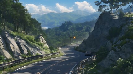 Wall Mural - winding mountain road flanked by lush green trees under a clear blue sky with a single white cloud
