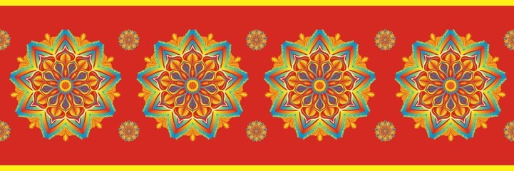 Wall Mural - Colorful mandala floral border pattern. Illustration mandala floral seamless pattern. Colorful mandala medallion pattern use for textile border, runner rug, floor rug, tablecloth, table runner, etc.