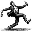 © Oleksandr Pokusai - Drunk man joyfully holding bottles, expressing celebration and carefree attitude sketch engraving generative ai fictional character PNG illustration. Scratch board imitation. Black and white image.