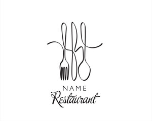 Wall Mural - Continuous one line drawing of spoon, knife and fork. Restaurant menu concept.