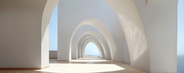 Poster - A long, narrow hallway with white walls and a blue sky outside