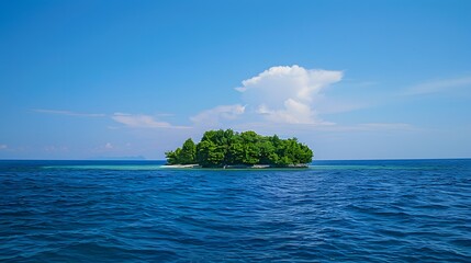 Wall Mural - Beautiful lonely island in serene blue ocean waters under a stunning sky with clouds, illuminated by a bright and serene sun.