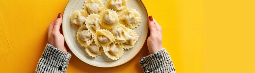 Wall Mural - Flat lay of female hands holding a plate of ravioli or dumplings