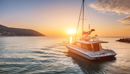 Canvas Print - sunrise over the sea, beautiful summer morning with boat