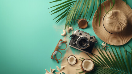 Wall Mural - The beach accessories isolated on green background which top view. Summer is coming concepts. Vacation and travel concepts. Copy space for text. Generative AI Illustrations.