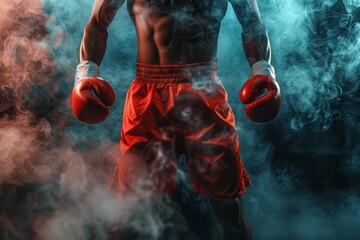 Wall Mural - A boxer's red gloves and boxing shorts, with smoke swirling around them against the dark background.