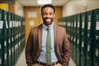 © Baba Images - Portrait of a smiling male African American high school teacher in hallway