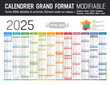 © mozZz - Calendrier Français 2025 modifiable, grand format France, éléments isolés sur calques, textes en Arial, éditables et vectorisés.