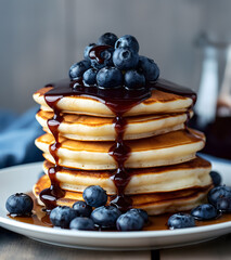 Delicious Blueberry Pancakes with Syrup and Fresh Berries