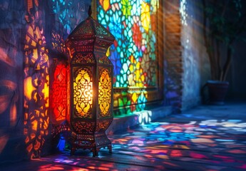 Wall Mural - Image of an intricately designed Islamic lantern casting colorful patterns on a wall during Ramadan