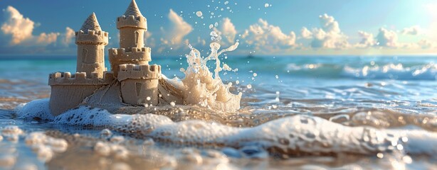 A Detailed Sandcastle Being Washed Away by Ocean Waves on a Sunny Day