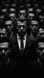 © Sorat - Conceptual image of identical men in suits representing conformity and individualism in a black and white composition.
