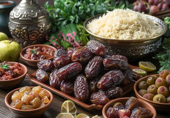 Wall Mural - Picture of a traditional iftar meal spread on a table with dates, fruits, and various dishes