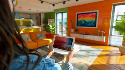 Wall Mural - A woman is holding a tablet in a living room with a colorful wall