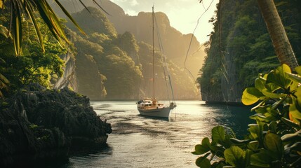 Wall Mural - A picturesque sailboat anchored in a secluded bay, framed by towering cliffs and lush tropical vegetation, with the sun casting a soft golden glow. 