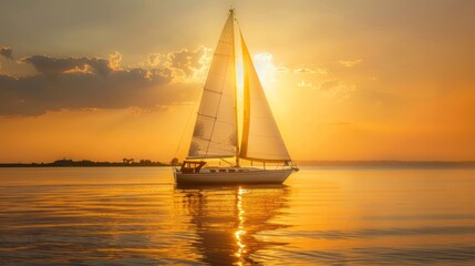 Wall Mural - A serene sailboat gliding across calm waters, its billowing white sails reflecting the golden hues of a breathtaking sunset. 