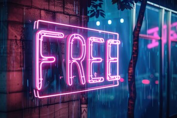 Wall Mural - Free is the word on the neon sign. The sign is bright pink and purple and has a lot of dots