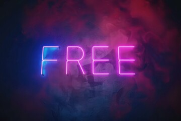 Free is the word on the neon sign. The sign is bright pink and purple and has a lot of dots