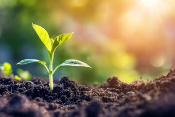 Wall Mural - A young plant sprouting from the rich soil, with the sun shining brightly in the background. This illustrates the concept of environmental protection, ecology and nature.