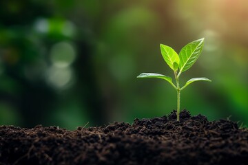 Wall Mural - A young plant sprouting from the rich soil, with the sun shining brightly in the background. This illustrates the concept of environmental protection, ecology and nature.