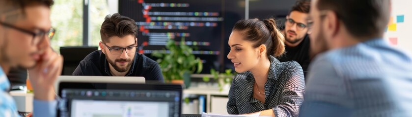 Software developer collaborating in team, professional developers brainstorming ideas, focus on teamwork, tech innovation theme, realistic, fusion, startup office backdrop