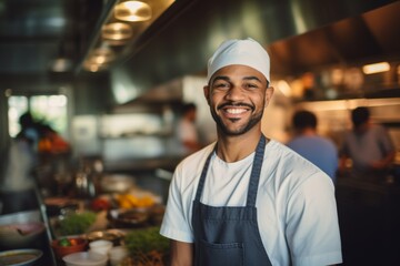 Wall Mural - Portrait of a smiling male chef in professional kitchen