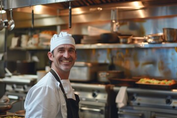 Wall Mural - Portrait of a smiling male chef in professional kitchen