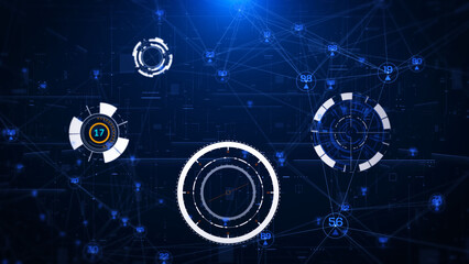 Leinwandbilder - HUD futuristic spinning circle crosshair element with digital data, flying trough to goal or destination concept for business development, game, technology illustration.
