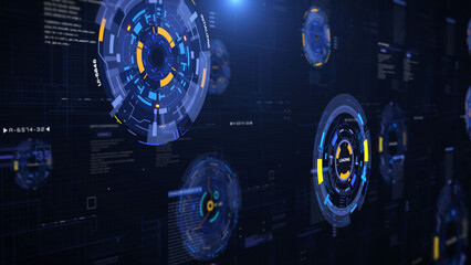 Leinwandbilder - HUD futuristic spinning circle crosshair, gadget on UI template for business development, game, technology vertical perspective view illustration.