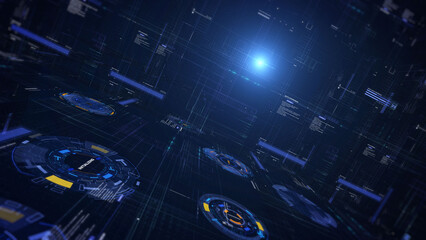 Leinwandbilder - Futuristic user interface infographic with digital hologram information display. HUD system technology perspective or landscape view illustration background