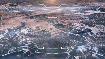Aufkleber - HUD aerial view science fiction landscape flying over mountain with UI scanning interface military weapon concept illustration.