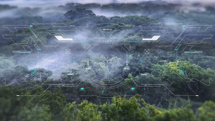 Aufkleber - HUD navigation screen system aerial view explorer jungle landscape flying over mountain and cloud. UI aim scanning interface military weapon concept illustration