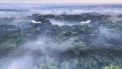 Aufkleber - HUD navigation screen system aerial view explorer jungle landscape flying over mountain and cloud. UI aim scanning interface military weapon concept illustration