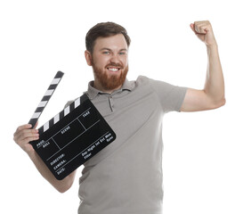 Poster - Making movie. Smiling man with clapperboard on white background