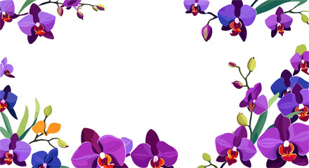 Summer background with frame made of purple and blue exotic orchid flowers and place for text. Seasonal colorful flat vector illustration isolated on transparent background.