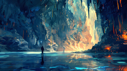 a man walking in cave, Striking stalactites and stalagmites cling to the walls and floors of these whimsical caverns, abstract backdrop