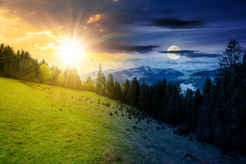 Wall Mural - mountain landscape with sun and moon at spring equinox. meadow on the hillside with coniferous fores