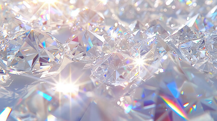 Scattered white diamonds and crystals falling from above, very shiny, clear, iridescent glow, light reflection rainbow, star powder, centerpiece composition, creative background design.