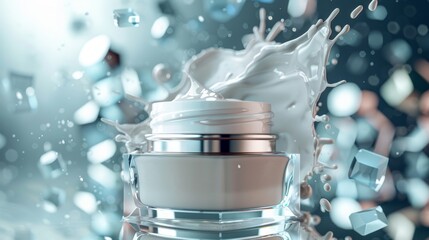 Wall Mural - White and blank cosmetic cream round jar standing in water splashes, skin care product presentation moisturizing, cream mockup